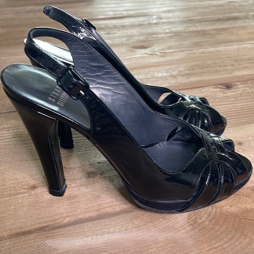Stuart Weitzman Black Patent Leather Peep Toe Heels. Size 5